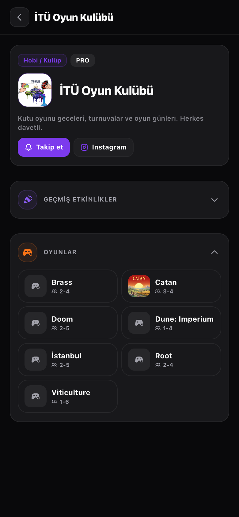 İTÜ Oyun Kulübü'nün Speys sayfası: etkinlikler ve oyunlar